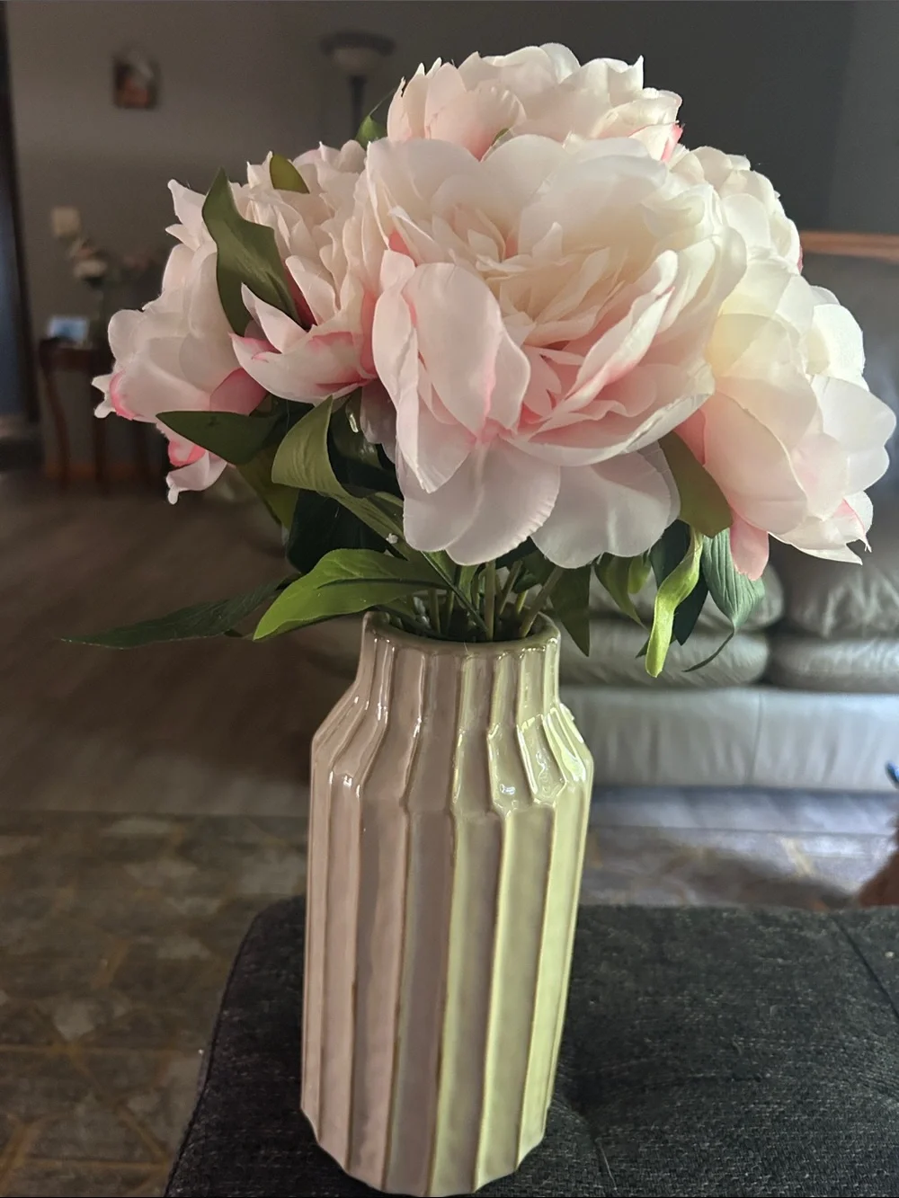 Faux pink Peonies in stoneware vase